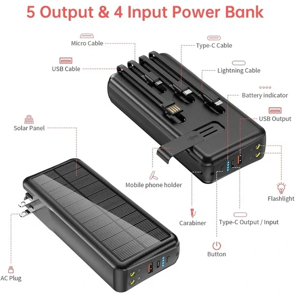 Black Solar Power Bank with Multiple Outputs - Picture 1 of 9
